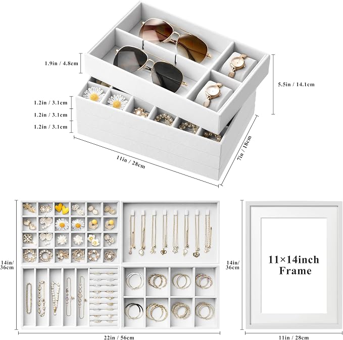 Velvet Jewelry Drawer Organizer Trays – Large White Stackable Jewelry Storage Inserts Set, 4-Layer Jewelry Tray Set for Earrings, Rings, Necklaces, Bracelets with Removable Dividers for Dresser,Vanity - Image 2