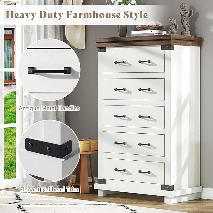AMERLIFE 2 Pieces Farmhouse Bedroom Set, Includes Wood Rustic Full Size Bed Frame with 54" Tall Headboard, 48" Tall 5 Drawers Dresser Chest, Heavy Duty Thick Plank Styling, Antique White