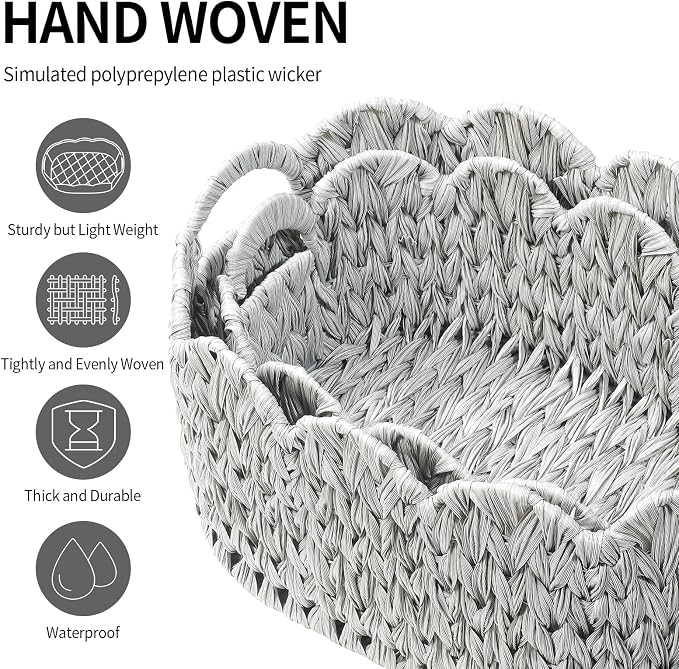 Coeusy Wicker Scalloped Basket Set of 2,Woven Storage Baskets for Shelves,Closet,Laundry,Gift,Towels,Books,Toys,Waterproof Cute Decor Basket for Organizing,Grey - Image 5