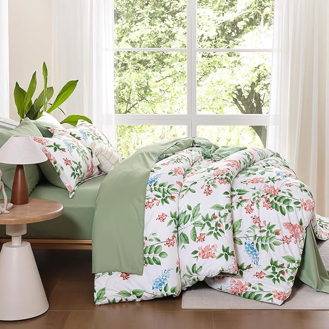 Green Comforter Set Queen Size Floral 7-Piece Bedding Set,Botanical Comforter Set with Pillowcases,Soft Microfiber Complete Bedding Sets for All Season