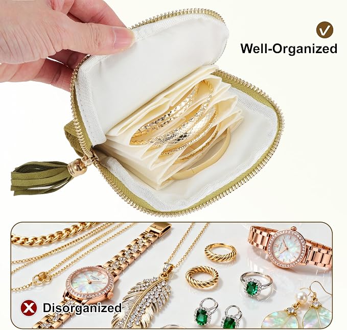 VOCOSTE Travel Jewelry Case, Portable Jewelry Organizer with 6 Independent Layers, Small Pouch Bag for Necklace Bracelet Rings Earring Storage, Women Gift Idea, Green - Image 5