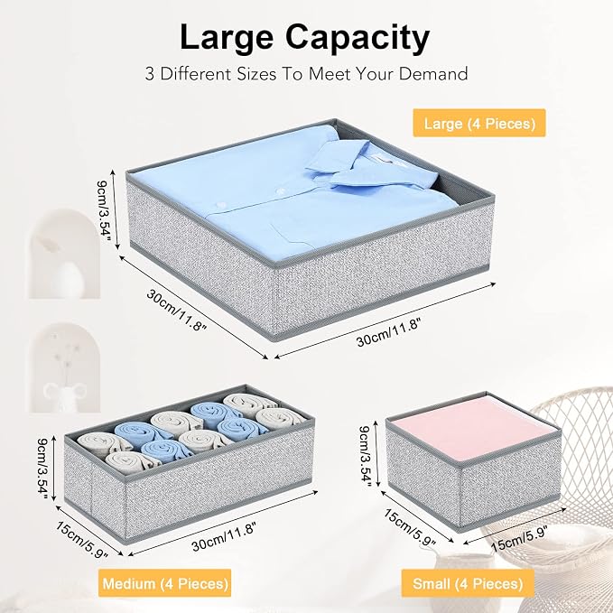DIMJ Drawer Organizers - 12 Pack Foldable Closet & Sock Organizers, Fabric Dresser Drawer Dividers for Clothes, Underwear, Bras, Socks - Image 2