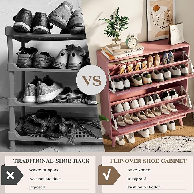 Fsbecl Shoe Storage Cabinet for Entryway with 2 Flip Drawers, Narrow Wood Shoe Cabinet with Fluted Panel, Freestanding Hidden Shoe Organizer for Foyer, Hallway (Pink - with Shelf) - Image 7
