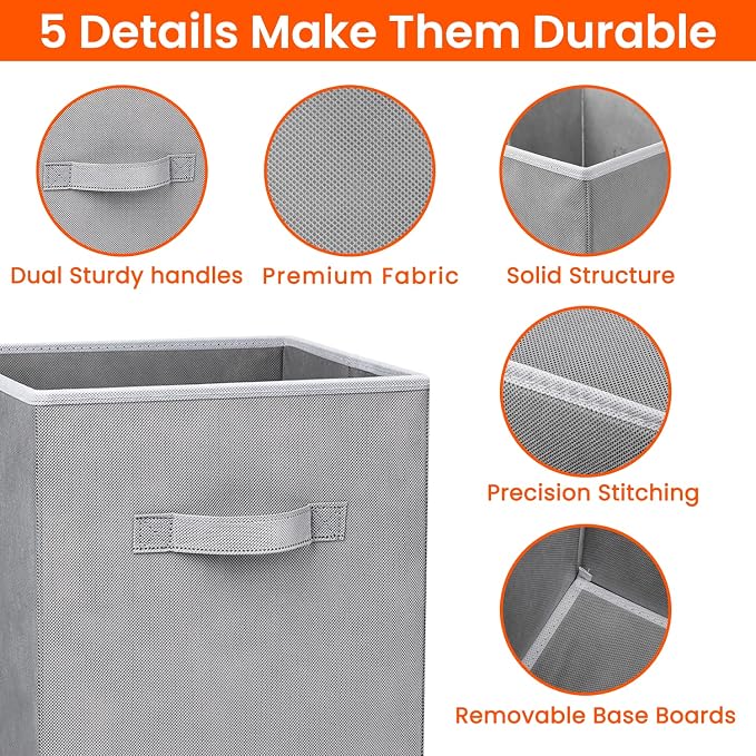 Criusia Storage Cubes - 11 Inch Heavy Duty Fabric Closet Bins for Shelves, Cube Organizer - 8 Pack Collapsible Decorative Storage Bins Baskets for Organizing Clothes Blankets Toys (Grey) - Image 3