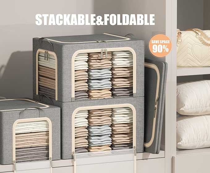 3 Opeings Large Clothes Storage Bins with Metal Frame, Foldable Storage Bin for Clothes, Clothing Storage Bins with Lid, Linen Storage Box With Clear Window＆ Zippers＆ Handles.(3 Pcs,Light Grey,66L) - Image 2