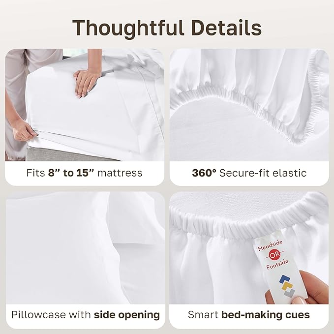 California Design Den XL Twin Sheets Set - Luxury 600 Thread Count 100% Cotton Sateen, Twin XL Sheet Set with All Around Elastic for a Snug Fit, Durable Bedding - White