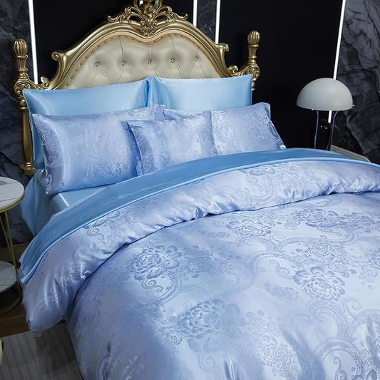 Blue Comforter King Jacquard Bedding with Baby Blue Satin Sheet Set 8 Pcs Royal Embroidery Neoclassical Floral Home Decor Soft Luxury Hotel Bed in a Bag with 1 Cushion Cover