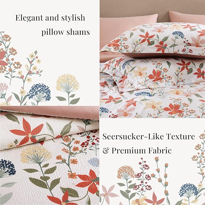 CASAAGUSTO Full Comforter Set, 7 PCS Clay Pink Floral Comforter Set with Flowers Leaves Pattern, Soft Seersucker Design All Season Full Size Bedding Set(80"X90")