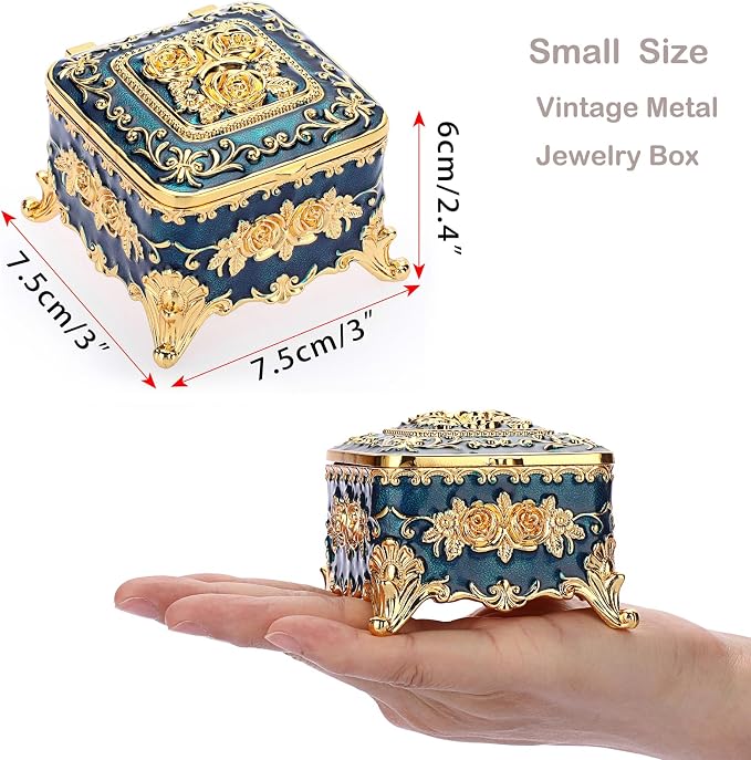 Hipiwe Vintage Metal Jewelry Box - Small Trinket Organizer Ring Box Case with Rose Pattern, Jewelry Storage Box for Ring Earrings Necklace, Keepsake Box for Women, 3"x3"x2.4" - Image 3