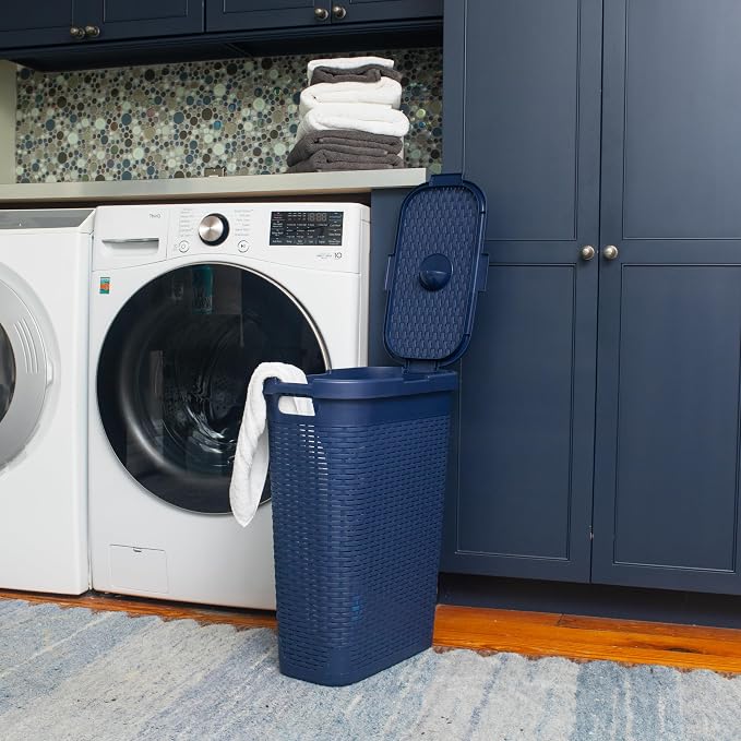 Mind Reader Slim Laundry Hamper with Lid, 40L Clothes Basket, Narrow Tapered Design with Ventilated Cutout Pattern, Plastic, Navy - Image 2