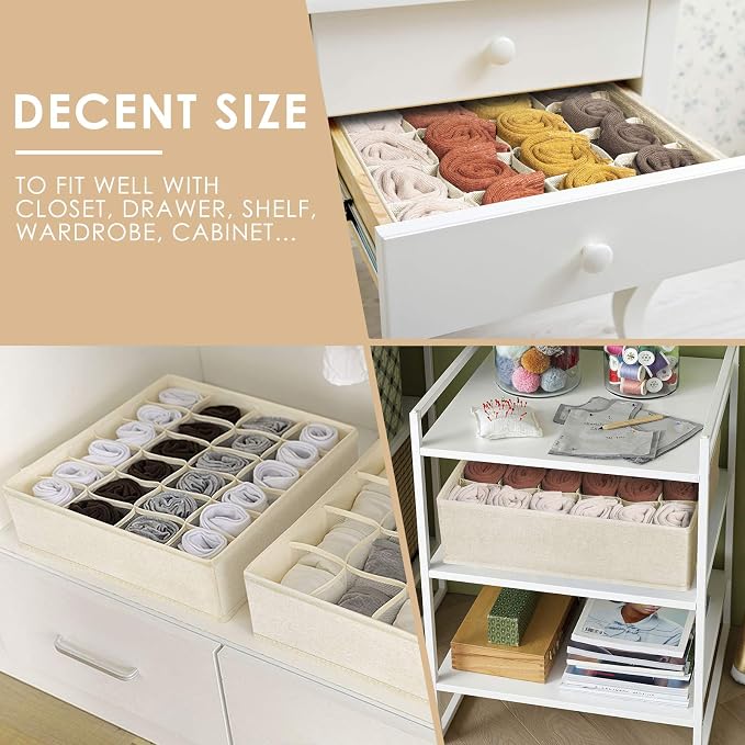 Criusia 3 Pack Sock Underwear Drawer Organizer Dividers, 64 Cell Fabric Foldable Cabinet Dresser Closet Organizers and Storage Boxes for Organizing Socks, Underwear, Ties (16+24+24 Cell, Beige) - Image 3