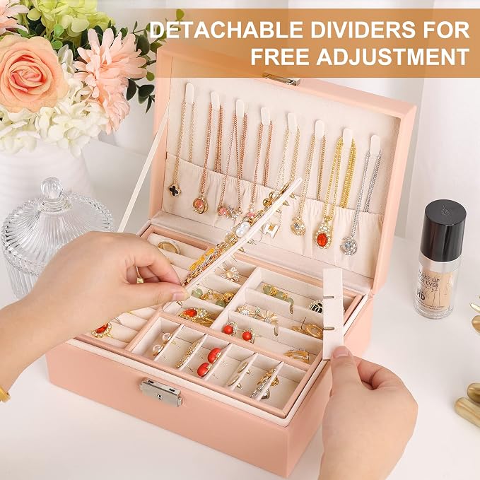 Jewelry Organizer Box, Leather Jewelry Box for Girls Gift Earring Organizer with Lock Double Layers Jewelry Case Removable Tray for Necklace Earring Ring with Polishing Cloth and Jewelry Bags - Image 3