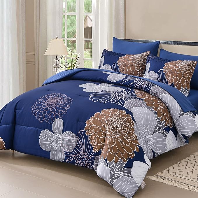 Yiran 7 Pieces Floral Comforter Bedding Sets Bed in a Bag Navy Brown Soft Microfiber Comforter Set with Comforter, Sheets, Pillowcases & Shams King Size 104"×90"