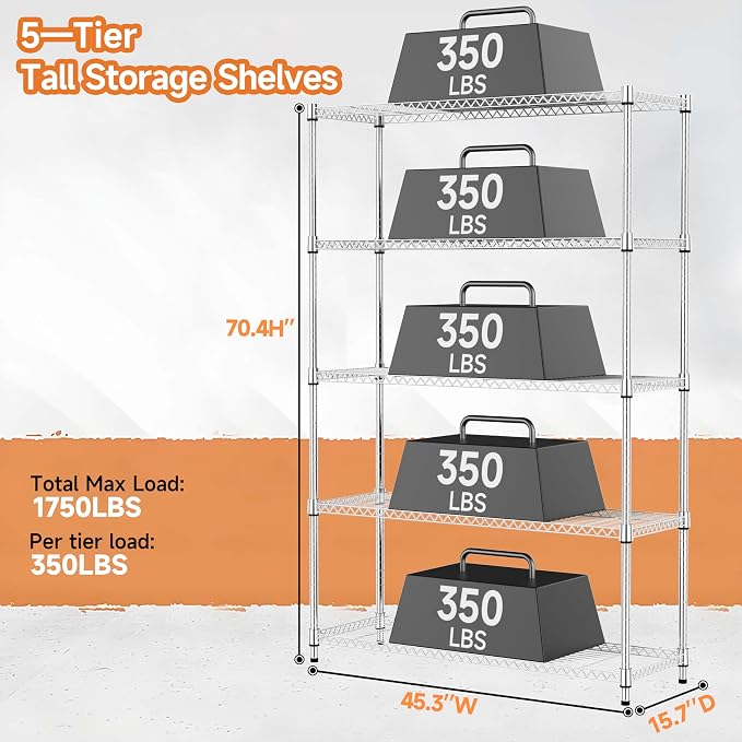 MZG 1750 lbs 5 Tier Storage Rack Metal Wire Shelving Unit, Storage Standing Household Shelf Organizer for Kitchen Pantry Closet Garage Basement Utility Room, Chrome 15.7" D x 45.3" W x 70.4" H - Image 3