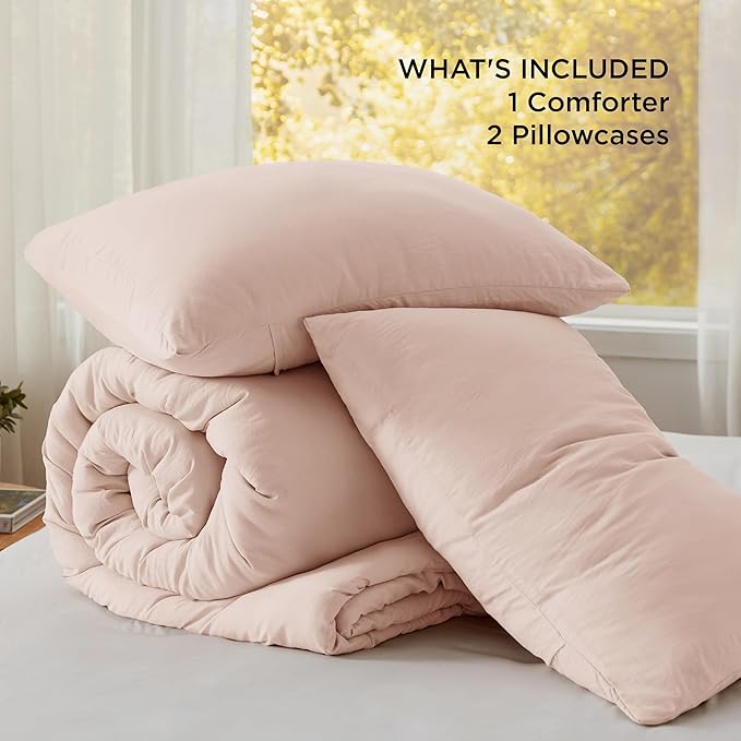 Bedsure Queen Comforter Set, Light Pink Soft Prewashed Bedding for All Seasons, 3 Pieces GentleSoft™ Bed Set, 1 Lightweight Comforter (90"x90") and 2 Pillowcases (20"x26")