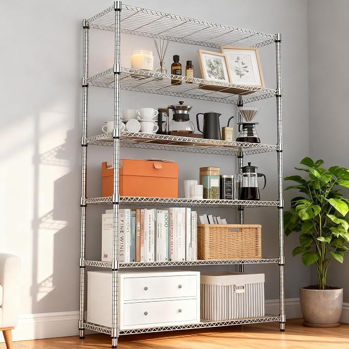 M MZG 2100LBS 47.2" W 6 Tiers Shelf Storage Shelves Metal Shelving Unit Heavy Duty Garage Shelving Adjustable Wire Shelves for Pantry,Kitchen,Garage,Basement,Chrome 17.7" D x 47.2" W x 82.4" H - Image 7