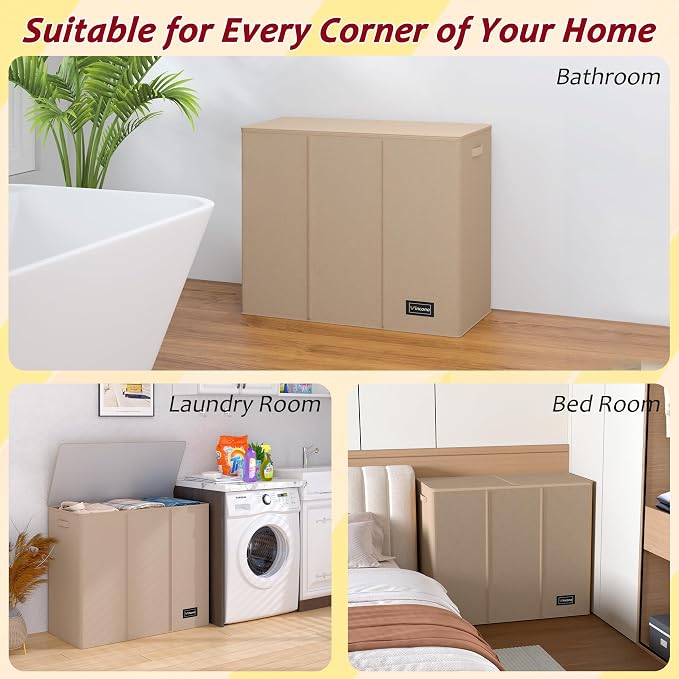 195L Laundry Hamper 3 Section,Large Laundry Hamper with Lid,Dirty Clothes Hamper with 3 Inner Bags,Collapsible Laundry Basket Organizer for Laundry Room,Bedroom,Laundry Sorter Hamper 3 Compartment - Image 7