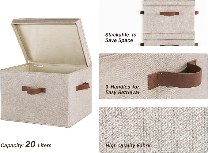 StorageWorks Fabric Storage Bins with Lid, Decorative Storage Boxes for Shelves, Stackable Closet Organizer Basket with Handles, Large, Brown and Beige, 2-Pack - Image 3