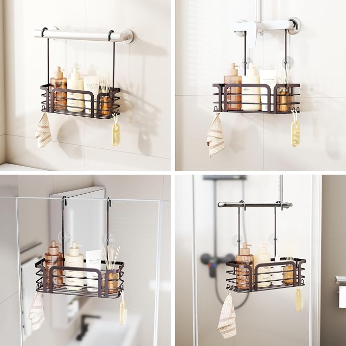SWTYMIKI Shower Caddy Hanging Organizer - Over the Door Shower Caddy with 6 Hooks, 2 Installation Ways, Stainless Steel Rustproof Bathroom Organizer, Bronze - Image 2