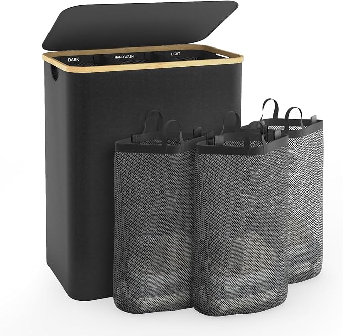 Hampers for Laundry Basket with Lid, 160L Extra Large 3 Section Clothes Divided Organizer for Bedroom, Laundry Room, Dirty Clothing Hamper, Black by Bathola