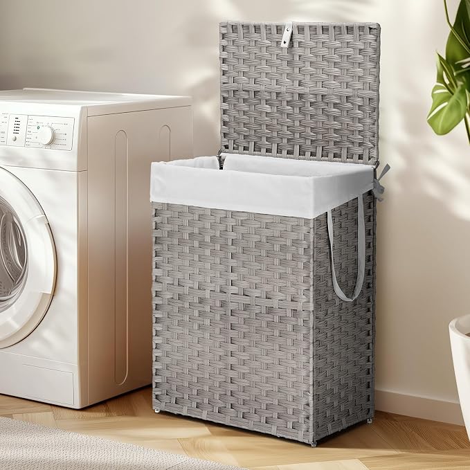 DUMOS Woven Laundry Basket with Lid, 90L Large Capacity Hamper, Removable & Machine-Washable Liner, Foldable Rattan Clothes Hamper, Sturdy Steel Frame, Odor Control, Dove Gray - Image 8