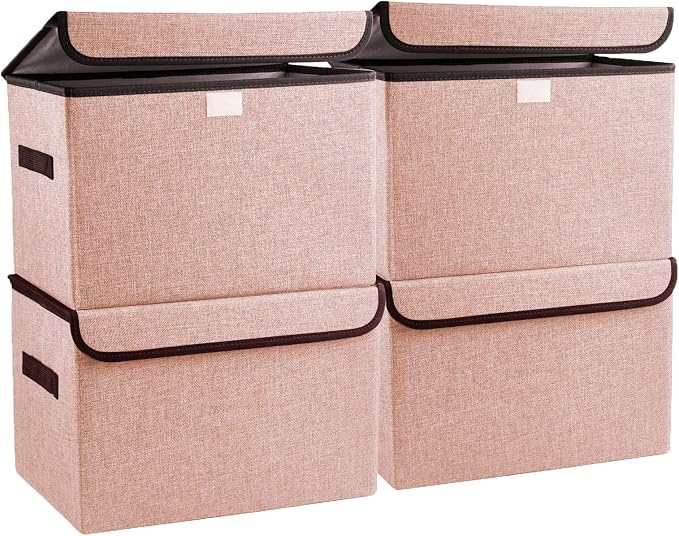 Bagnizer Linen Fabric Foldable Storage Cube Bin Organizer Basket with Flip-Top Lid & Handles, Large Clothes Blanket Box for Home, Office, Closet, Pink, 4 Pack 14.6 x 9.5 x 9.5” by Bagnizer