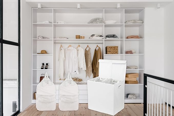 Simple Houseware Double Laundry Hamper with Lid and Removable Bags, White - Image 5