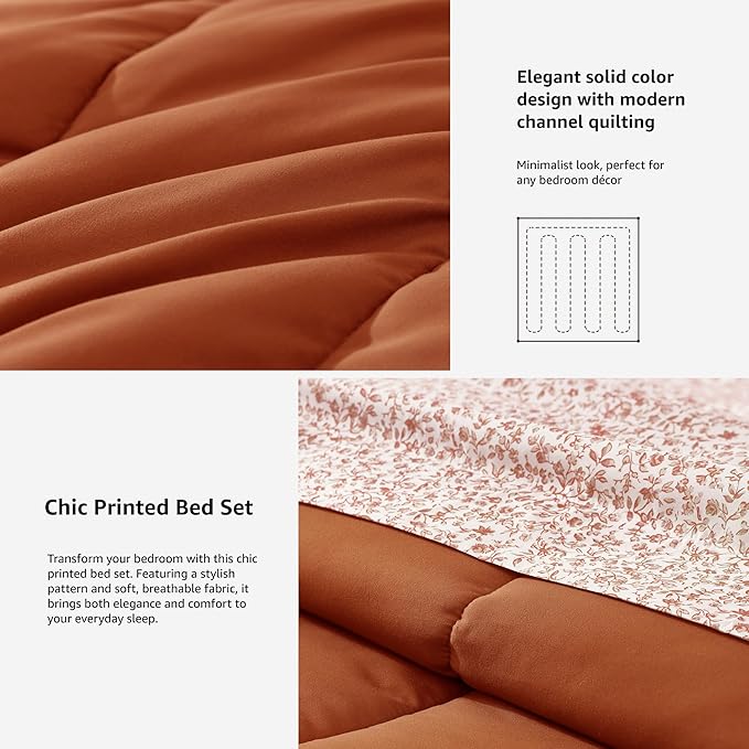 Monbix King Size Comforter Set - 7 Pieces Bed in a Bag King, Burnt Orange Track Stitching Bedding Sets, All Seasons Comforter Bed Set with Sheets