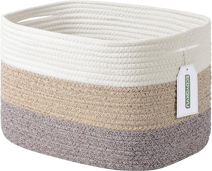 ECDYQXVU Cotton Rope Storage Basket, 15x10x9 Inches, Woven Basket for Shelves, Clothes, Towels, Books, and Laundry, White Brown (1 Pack) by ECDYQXVU