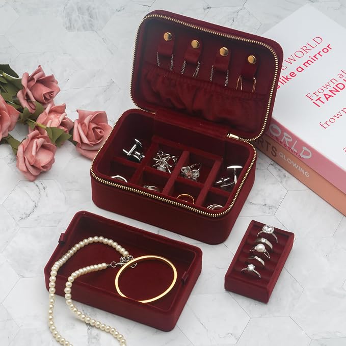 Velvet Travel Jewelry Organizer Box with Zipper Around,Portable Accessory Display Tray Holder Storage Case for Multiple Earrings Rings Necklaces Bracelets (Red) - Image 6