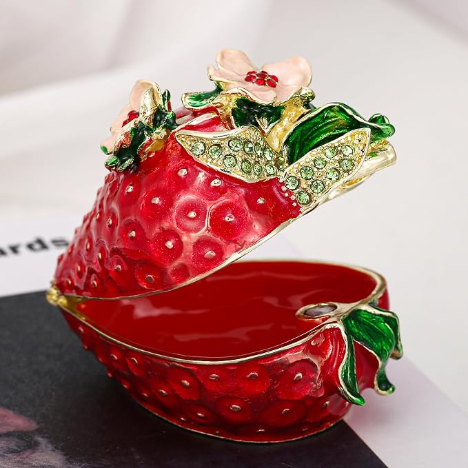 Hand Painted Fruit Trinket Box for Home Decor, Hinged Jewelry Organizer Storage, Unique Personalized Collectible Keepsake Figurine Handmade Decorative Ornament Gifts (Strawberry) - Image 3