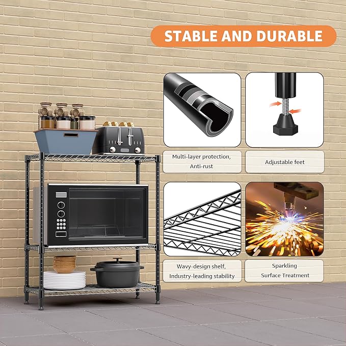 M MZG 750 lbs 3 Tier Storage Rack Metal Wire Shelving Unit, Storage Standing Shelf Organizer for Laundry Bathroom Kitchen Pantry Closet Garage Basement Utility Room, Black 13.8" D x 29.5" W x 35.5" H - Image 6