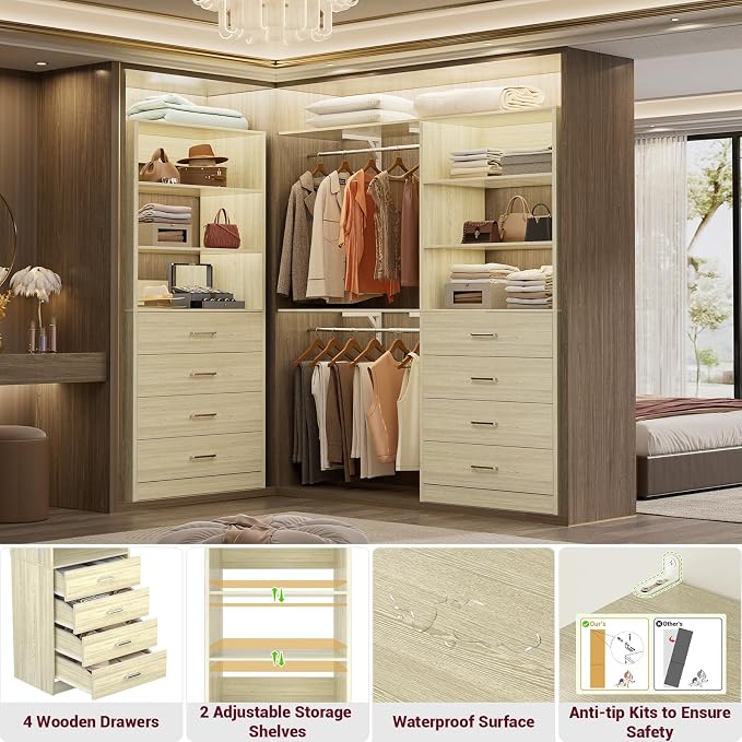 Aheaplus Wood Closet Organizer System with 4 Drawers, Modular Walk-in Closet Storage Unit, Small Closets Wardrobe Rack, Tall Storage Cabinet Unit, White Oak - Image 5