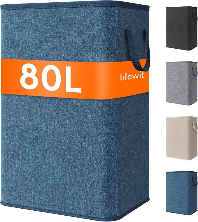 Lifewit 80L Large Tall Laundry Hamper, Collapsible Laundry Basket with Handles, Foldable Clothes Hampers for Laundry, Portable Dirty Clothes Hamper for Dorm College Bedroom Bathroom, Dark Blue by Lifewit