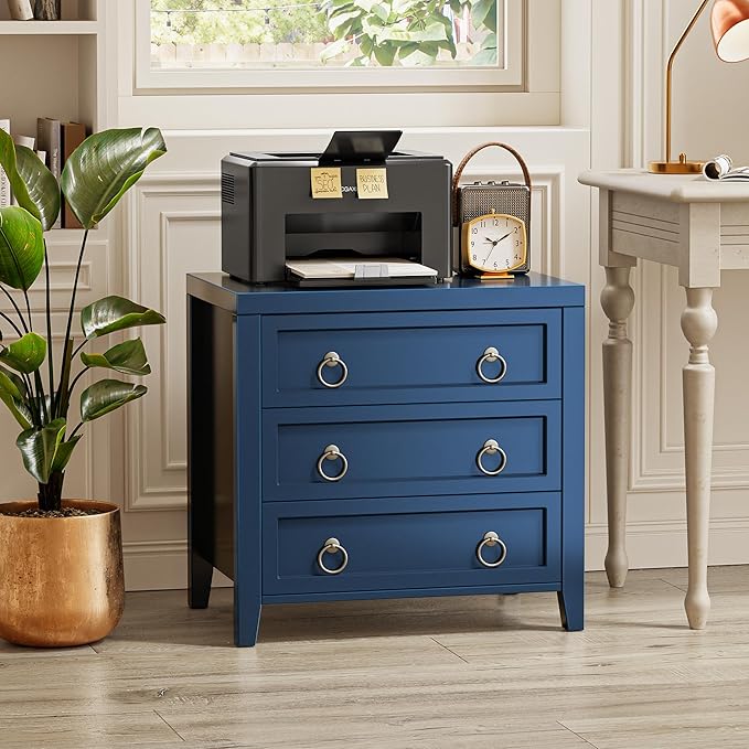 Huuger 23.6 Inch Night Stand with Charger Station and USB-C Port, 3 Drawer Nightstands Set of 2, Larger Wider Bedside Table, Modern End Table, for Bedroom, Blue Nightstand