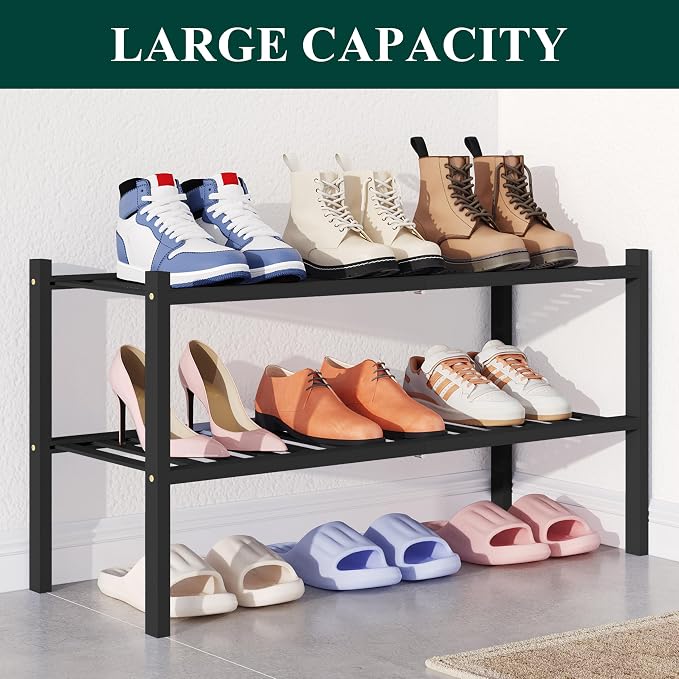 Smiry Bamboo Shoe Rack for Closet, 2 Tier Wooden Stackable Shoe Organizer, Free Standing Shoes Storage Shelf for Entryway, Front Door Entrance, Black - Image 5