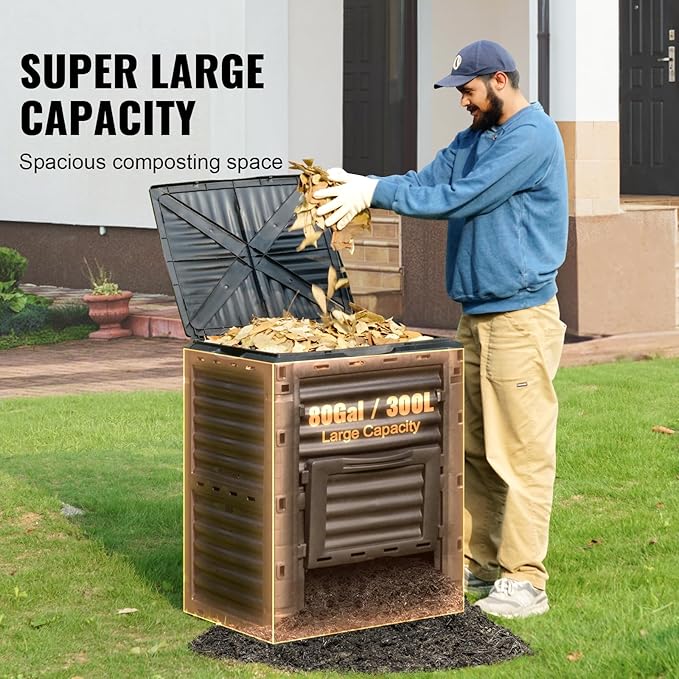 VEVOR Garden Compost Bin 80 Gallon, BPA Free Composter, Large Capacity Outdoor Composting Bin with Top Lid and Bottom Door, Easy Assembling, Lightweight, Fast Creation of Fertile Soil - Image 3
