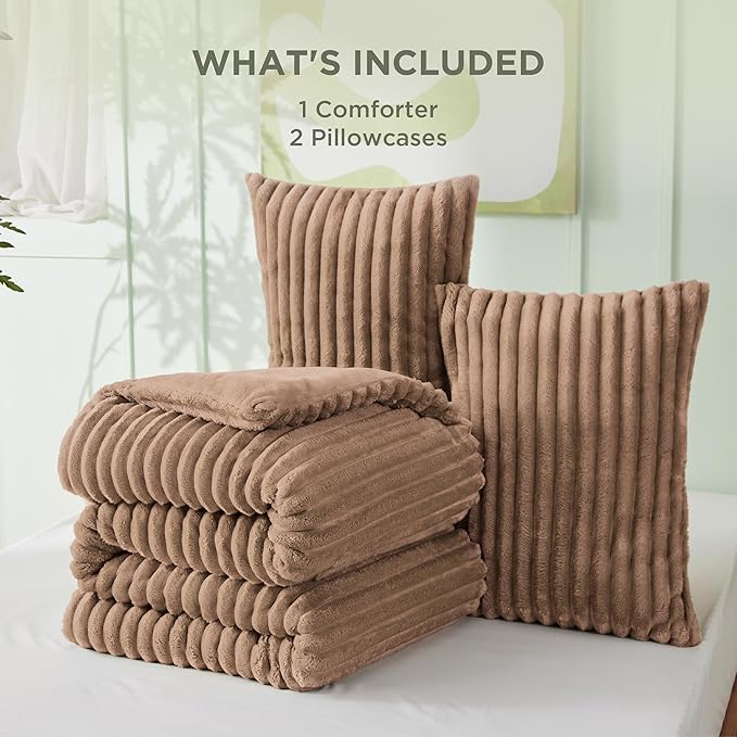 Bedsure King Comforter - GentleSoft™ 3 Pieces Double-Side Fleece Fluffy Warm Taupe Comforter Set, Cozy Striped Room Decor Aesthetic, Luxury King Size Bedding with 2 Pillowcases, 104x90 Inches
