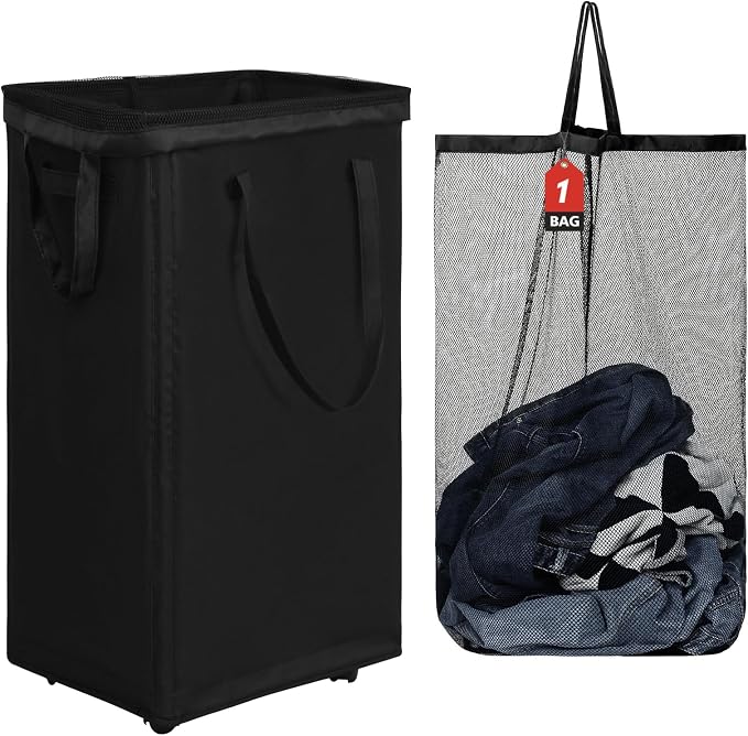 DOKEHOM 90L X-Large Laundry Basket with Removable Wash Bag on Wheels, Collapsible Rolling Laundry Hamper, Foldable Clothes Organizer, Folding Washing Bin (Black) by DOKEHOM