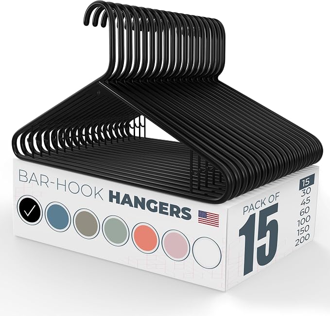Neaties Plastic Hangers 15 Pack – Made in The USA – 6lb Capacity Standard Clothes Hangers with Strap Hooks for Dresses, Lingerie, Shirts, Pants, and Jackets – Black by NeatiesHangers
