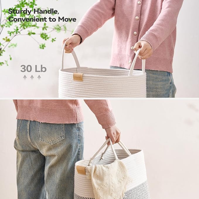 Nunsino Laundry Hamper 62L,Large Laundry Basket for Clothes,Decorative Storage Basket for Blankets,Cotton Rope Woven basket for bedroom,Grey White - Image 4