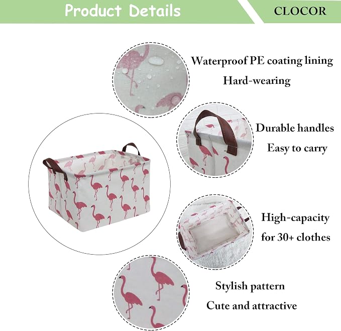 CLOCOR Rectangular Flamingo Storage Basket,Collapsible Cute Pattern Storage Bin,Waterproof Coating Storage Box with Handles,Gift Baskets, Shelf Basket (Flamingo) - Image 7