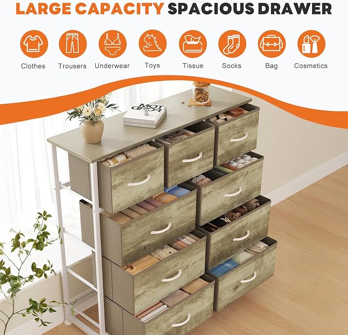 Sweetcrispy 9 Drawer Fabric Dresser Storage Tower with Wood Top and Steel Frame, Organizer Chest with Easy Pull Handles for Bedroom, Closet, Hallway,Oak Greige - Image 4