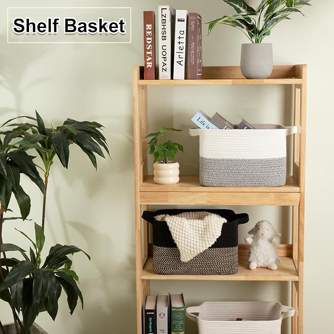 OIAHOMY Woven Storage Basket for Shelves, Rectangle Cotton Rope Baskets for Organizing, 13 x 10 x 9 in, Storage Bins for Dog Toys,Towel,Books,Gift,Black and Brown - Image 2