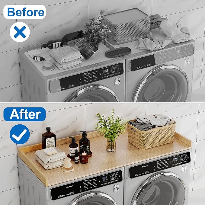 efluky Washer Dryer Countertop, Wood Countertop with Edge Rails for Laundry Room Organization and Storage, Washer Dryer Topper for Laundry Room, 27.5" x 54" Oak - Image 3