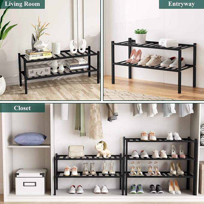 Smiry Shoe Rack, 2 Tier Bamboo Shoe Organizer, Stackable Free Standing Wooden Shoe Storage Shelf for Closet, Entryway, Front Door Entrance, Black - Image 7