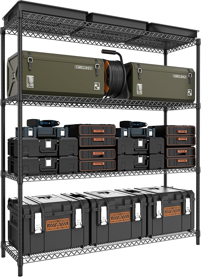 M MZG 2800LBS 59" W 4 Tiers Storage Shelves Load, Metal Shelving Wire Metal Shelving Unit Shelves for Storage Adjustable Garage Shelving for Pantry Kitchen Garage Black 17.7" D x 59.1" W x 70.4" H by MEIGAOPLASTICANDMETALHKCOLIMITED
