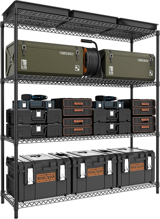 M MZG 2800LBS 59" W 4 Tiers Storage Shelves Load, Metal Shelving Wire Metal Shelving Unit Shelves for Storage Adjustable Garage Shelving for Pantry Kitchen Garage Black 17.7" D x 59.1" W x 70.4" H by MEIGAOPLASTICANDMETALHKCOLIMITED