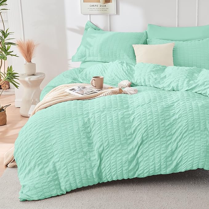HYMOKEGE Mint Green Twin Comforter Set Seersucker 5 Pieces, All Season Luxury Bed in a Bag for Bedroom, Bedding Set with Comforter, Sheets, Pillowcase & Sham