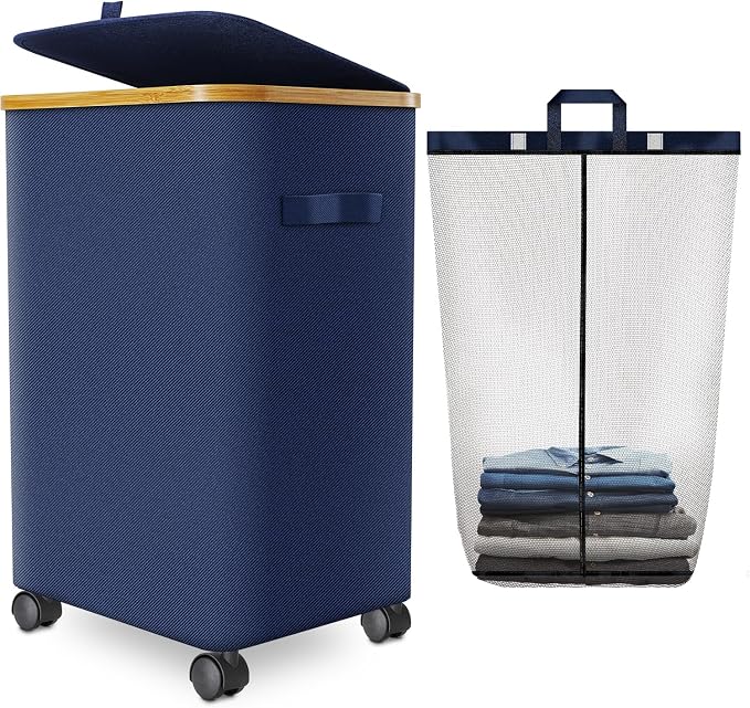 Laundry Hamper with Wheels,20 Gal (75L) Laundry Basket with lid Rolling Clothes Hamper Foldable Dirty Clothes Basket on wheels with Bamboo Frame and Bag for Bedroom, Dorm, Laundry Room-Blue by Wuevu